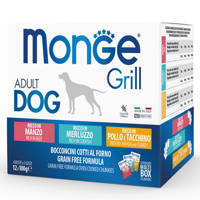 Monge Grill Multipack Buste – Pollo e Tacchino, Manzo, Merluzzo– Adult 12x 100 gr