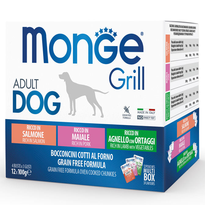 Monge Grill Multipack Buste – Agnello con Ortaggi, Maiale, Salmone Adult 12x 100 gr