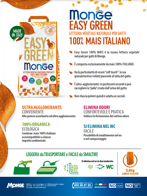 Monge Lettiera Easy Green 100% Mais Italiano 3,8 kg